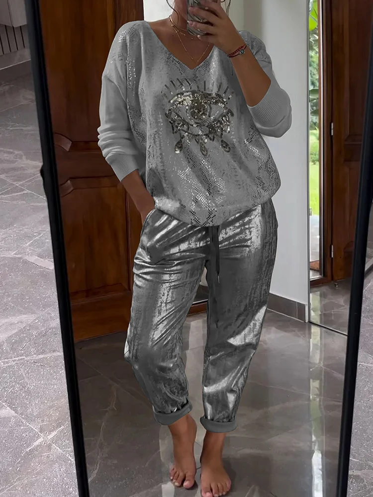 Women's Evil Eye Bronzed Top and Pants Glittery Outfit Plus Size socialshop