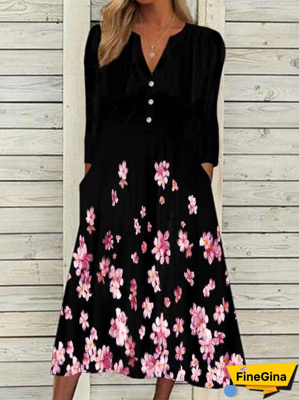 Casual Floral Autumn Micro-Elasticity Daily Loose Midi Three Quarter Notched Dresses for Women