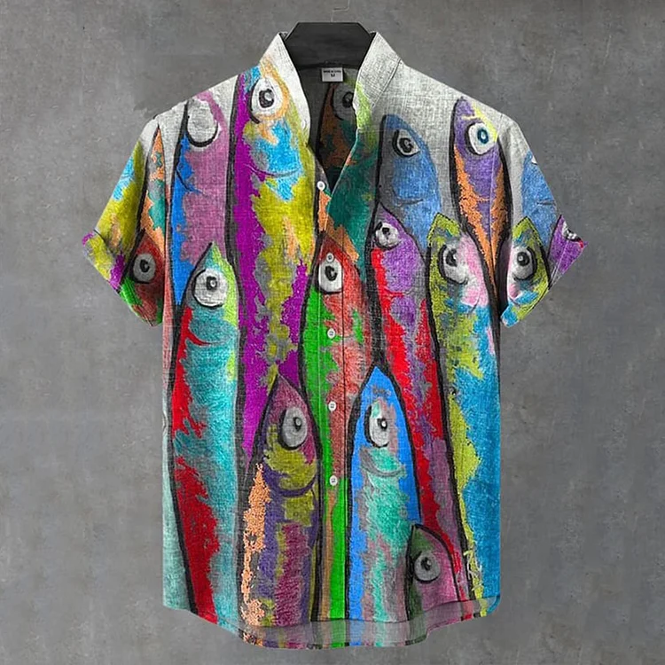 Men's Vintage Fish Art Print Casual Short Sleeve Shirt