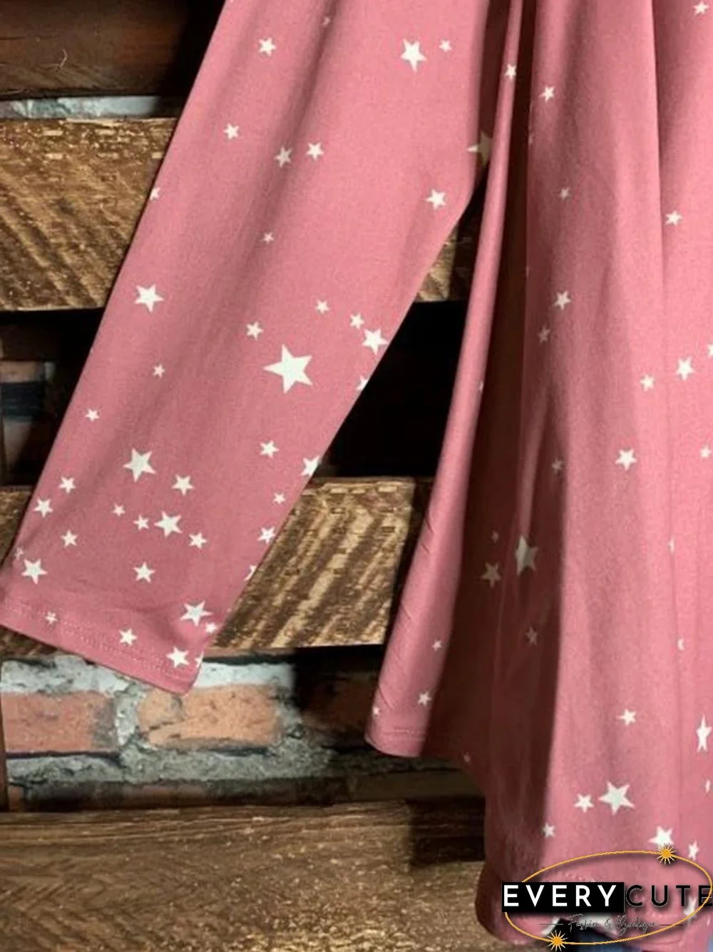 Pink Stars Printed Shift Crew Neck Long Sleeve Tops