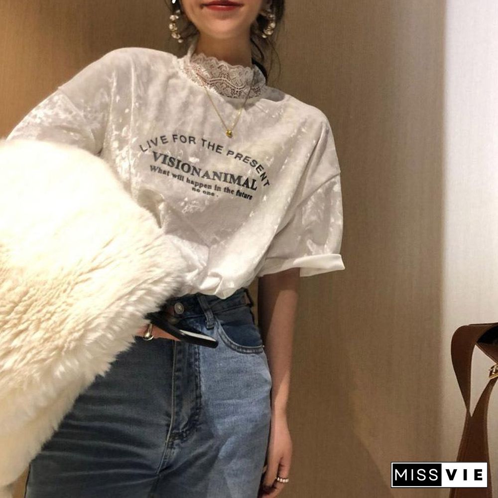 Round Neck Letter Printed Velvet Top