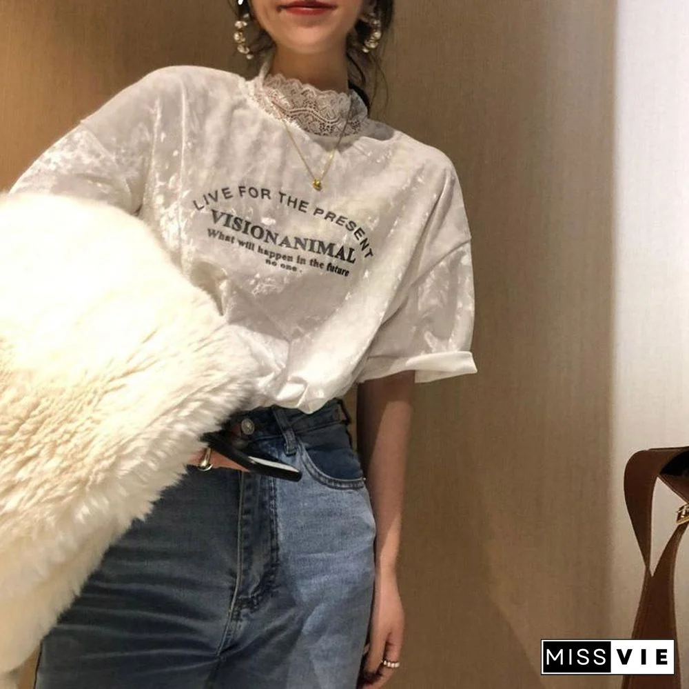 Round Neck Letter Printed Velvet Top