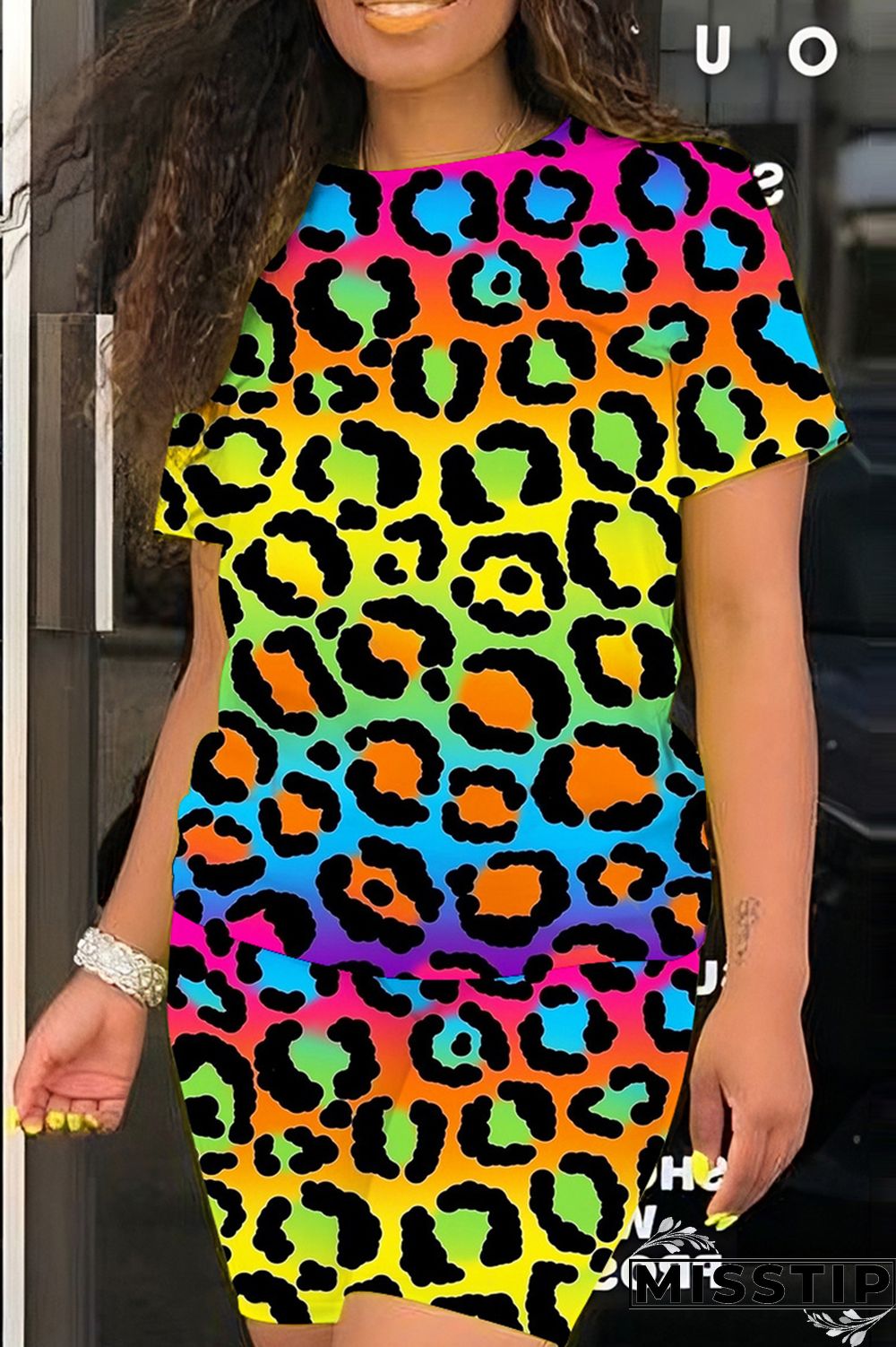 Multicolor Casual Print Basic O Neck Short Sleeve Two Pieces