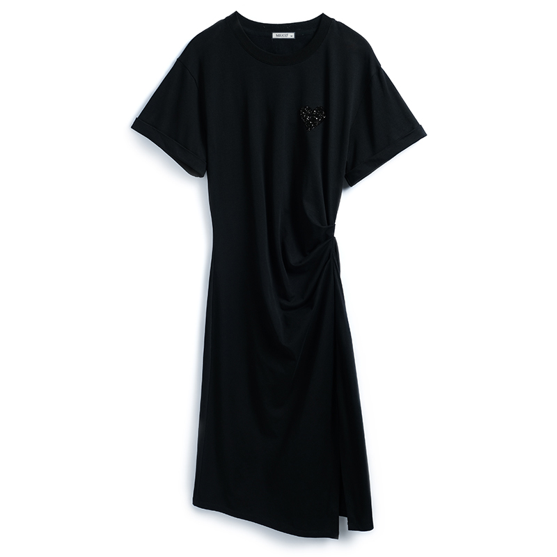Usasaleprint Shiny Heart Shaped Chest Badge T-Shirt Dress Women Summer High Waist OL Sle round Neck Short Sleeve Midi Skirt H Type