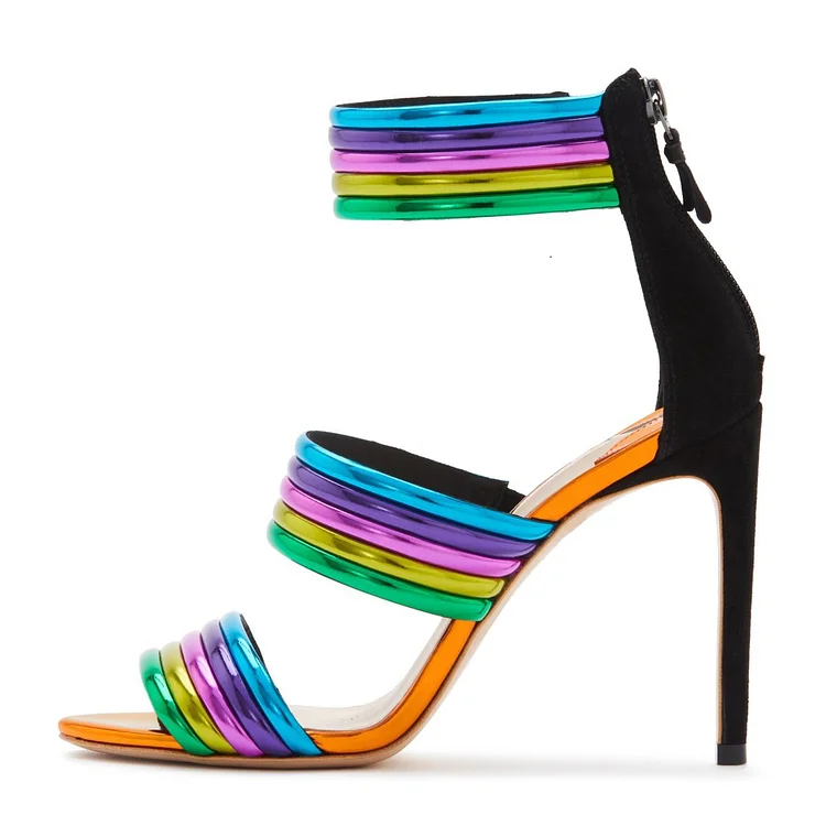 Rainbow Open Toe Stiletto Heels Strappy Sandals |FSJ Shoes