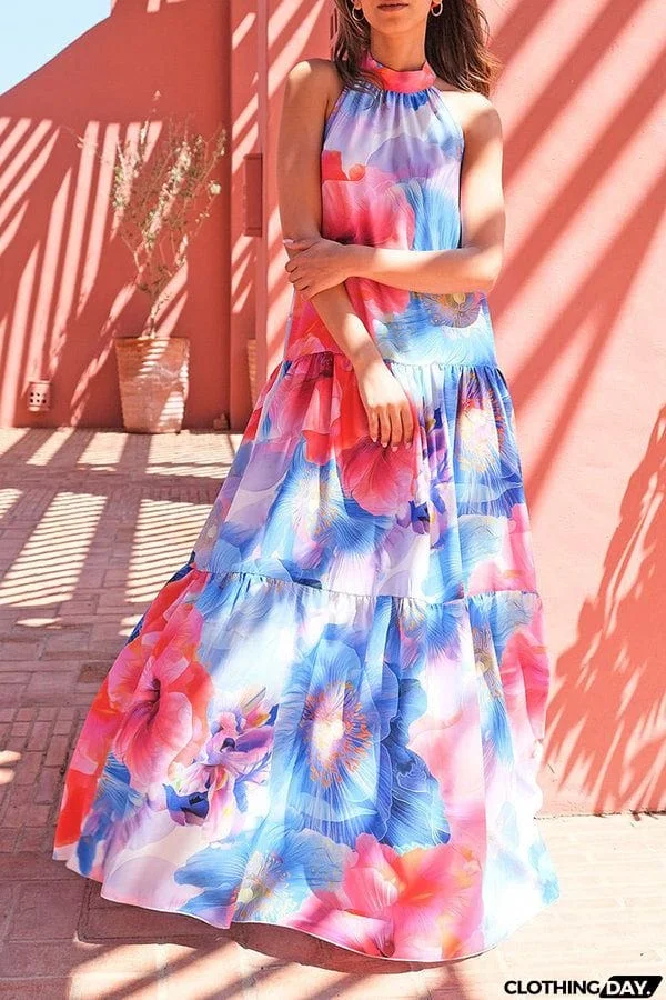 Temperament Halter Neck Sleeveless Print Swing Maxi Dress