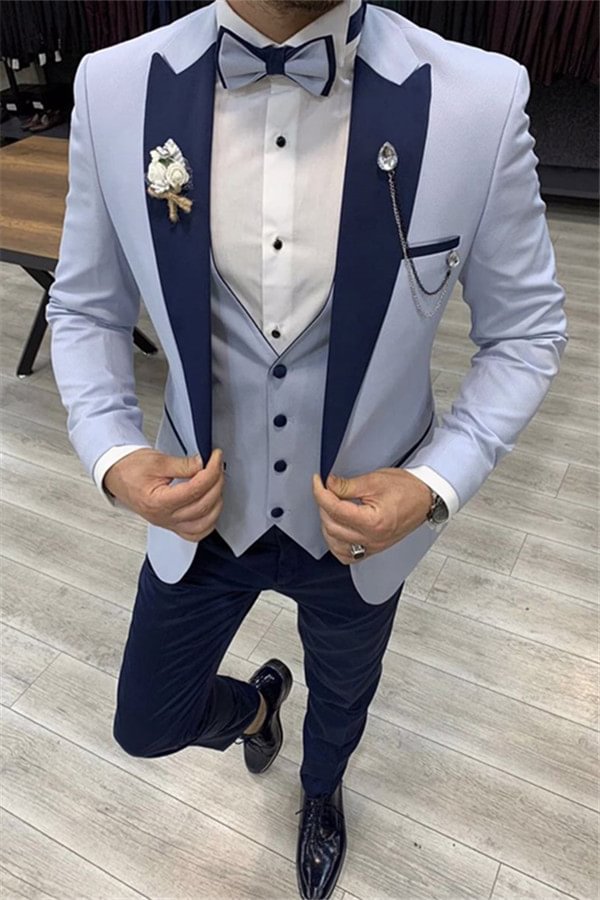 Unique Peaked Lapel Sky Blue Slim Fit Men Suits With 3 Piece | Ballbellas Ballbellas