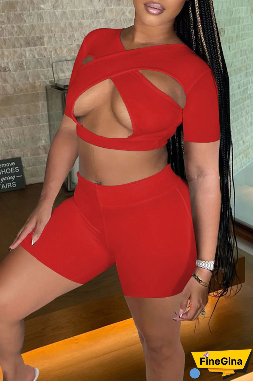 White Sexy Solid Hollowed Out Patchwork V Neck Short Sleeve Two Pieces