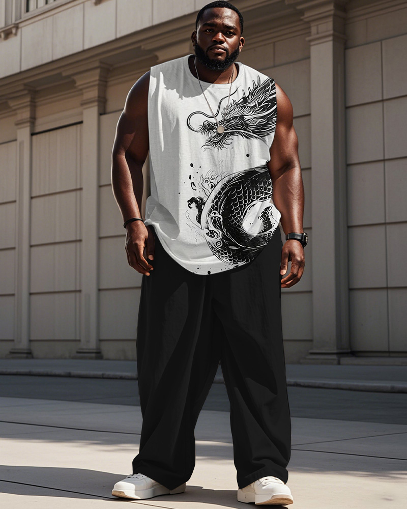 Men's Plus Size Street Fashion Black Dragon Print Vest Trousers Suit