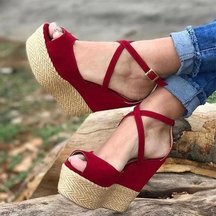 Red Vegan Suede Platform Heels Cross Over Wedge Sandals |FSJ Shoes