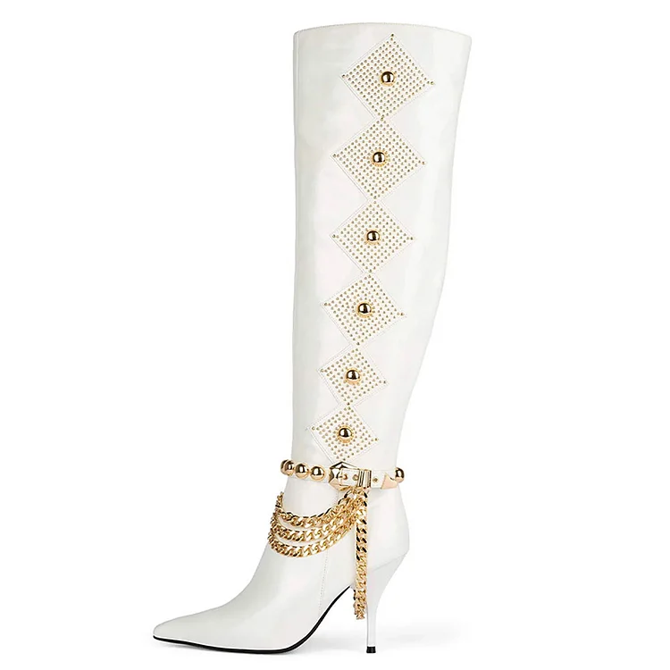 White Stiletto Zipper Boot Women'S Square Toe Studs Shoes Knee Metallic Chain Boots |FSJ Shoes