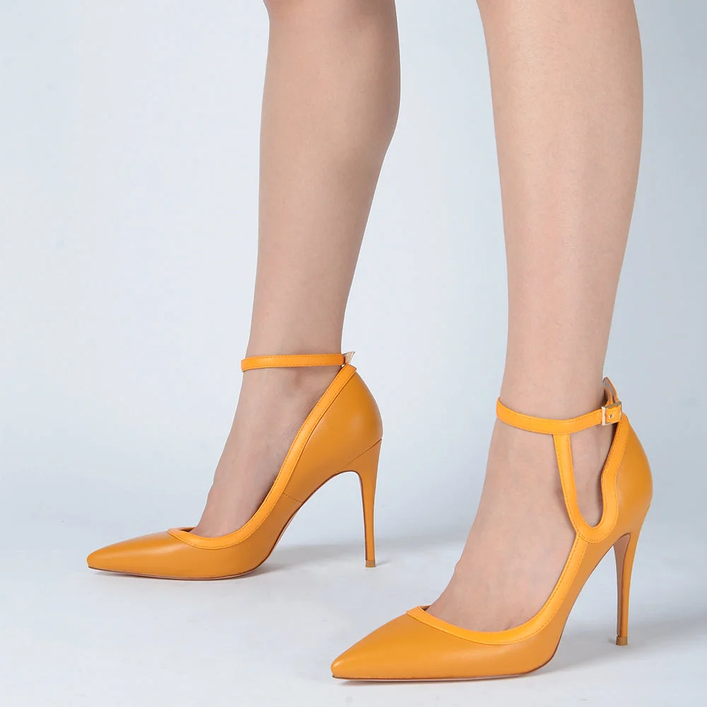 Orange Leather Pumps Ankle Strap Trending Pointed Toe Stiletto Heels