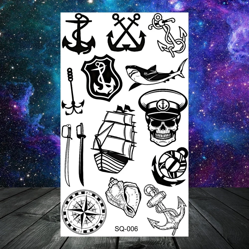 Pirate Anchor Rose Flower Temporary Tattoos For Women Adult Kids Lion Skull Dragon Snake Fake Tattoo Neck Arm Hands Small Tatoos