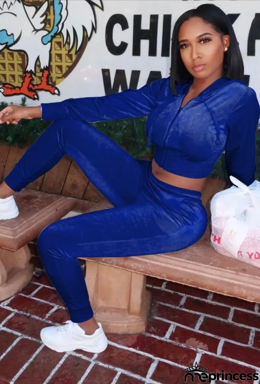 Autumn Casual Sports Velvet Blue Zip Crop Hoodies and Matching Pants Set