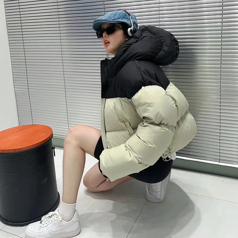 Woherb The Color Short White Duck Down Down Jacket Female 2024 Winter New Hooded Loose Warm Lovers Bread Jacket Coat-Outfit Ideas