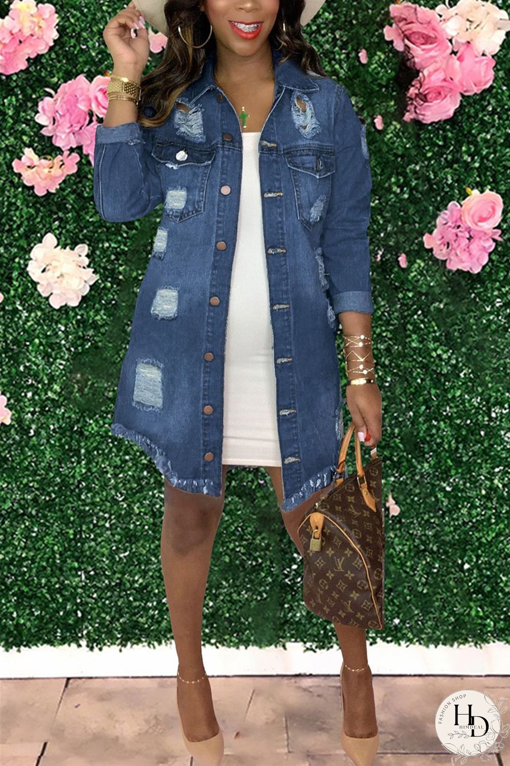 Baby Blue Fashion Casual Solid Ripped Turndown Collar Long Sleeve Regular Denim Coats