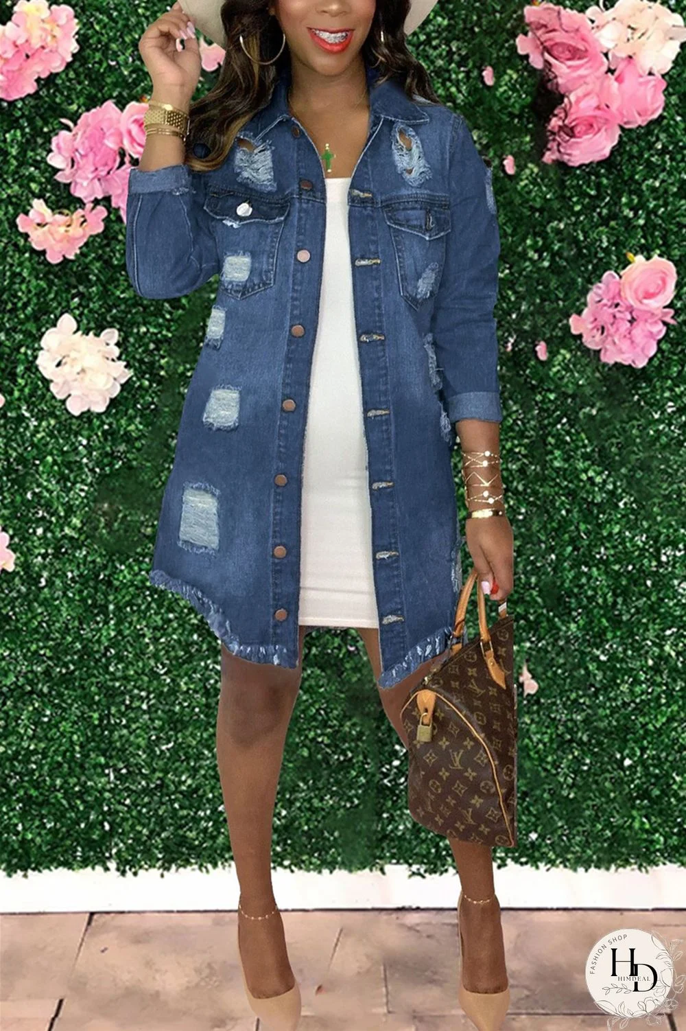 Baby Blue Fashion Casual Solid Ripped Turndown Collar Long Sleeve Regular Denim Coats