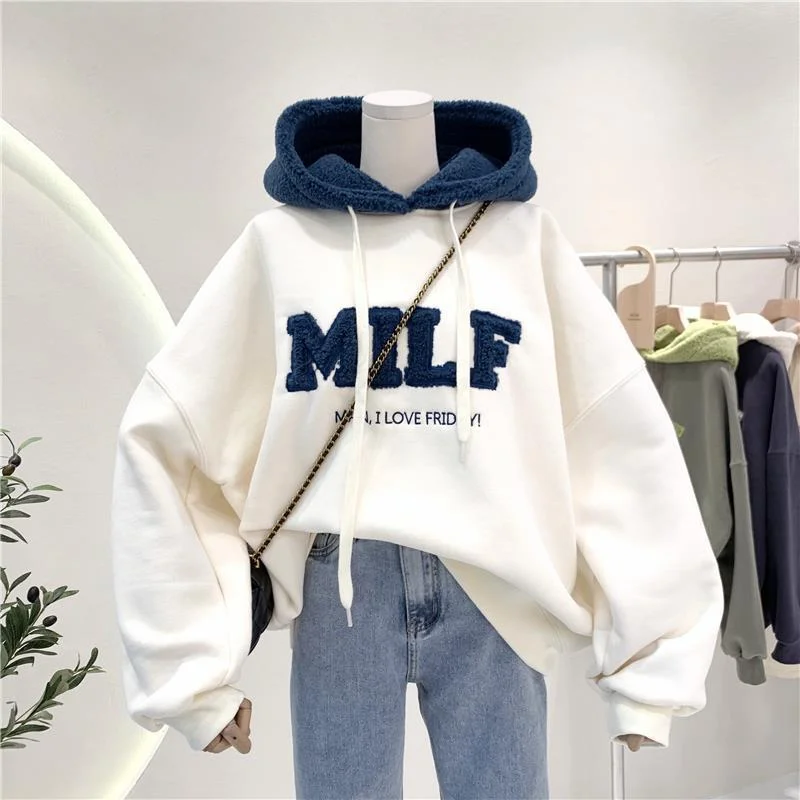 NEEDBO MILF Hoodies Women's Sweatshirts Letter Print Lamb Wool Pullovers Loose Korean Style Jacket Full Sleeve Casual Tops 2021