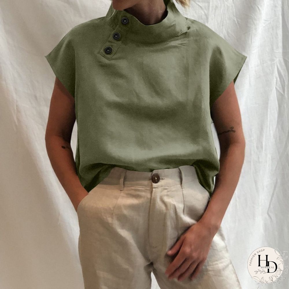 Summer Women Batwing Short Sleeve Blouse Cotton Linen High Collar Casual Loose Shirt Plus