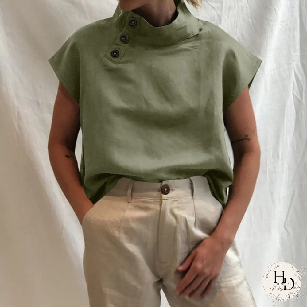 Summer Women Batwing Short Sleeve Blouse Cotton Linen High Collar Casual Loose Shirt Plus