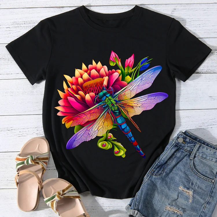 Dragonfly with  Flourishing flower Women Round Neck T-shirt - BSTCA0081