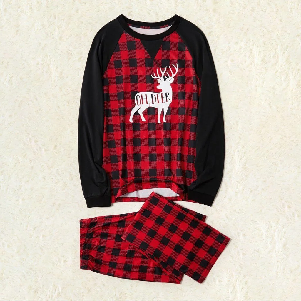 Christmas Deer Print Plaid Design Family Matching Pajamas Set