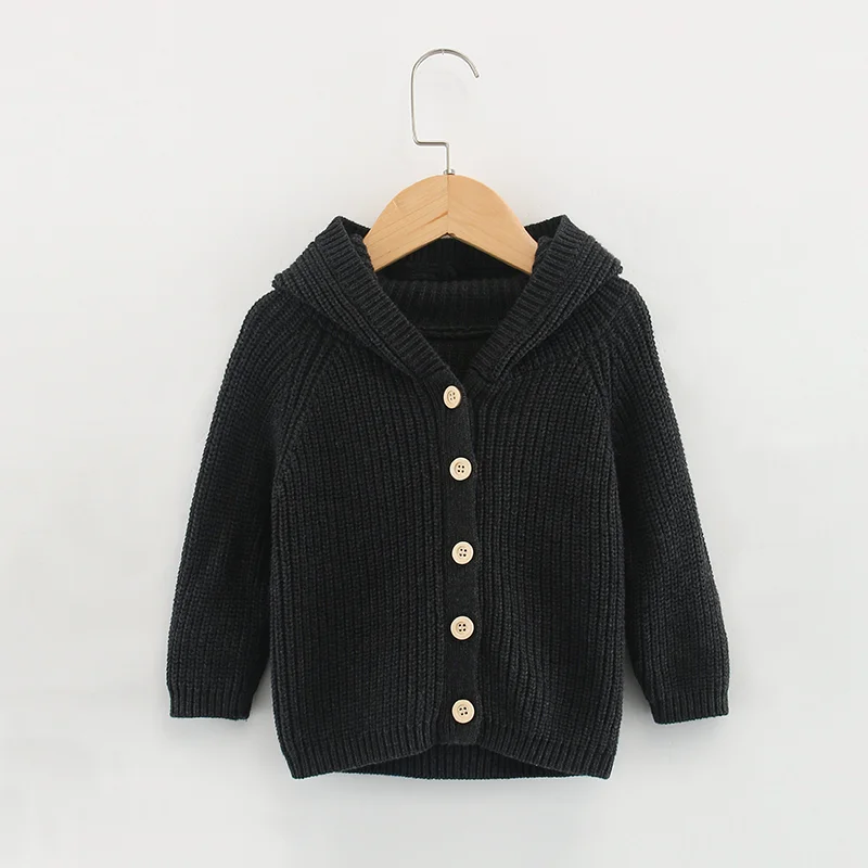 Baby Girl Boy Solid Knitted Cardigan Long Sleeve Hooded Jacket Outwear Kids Sweaters Tops