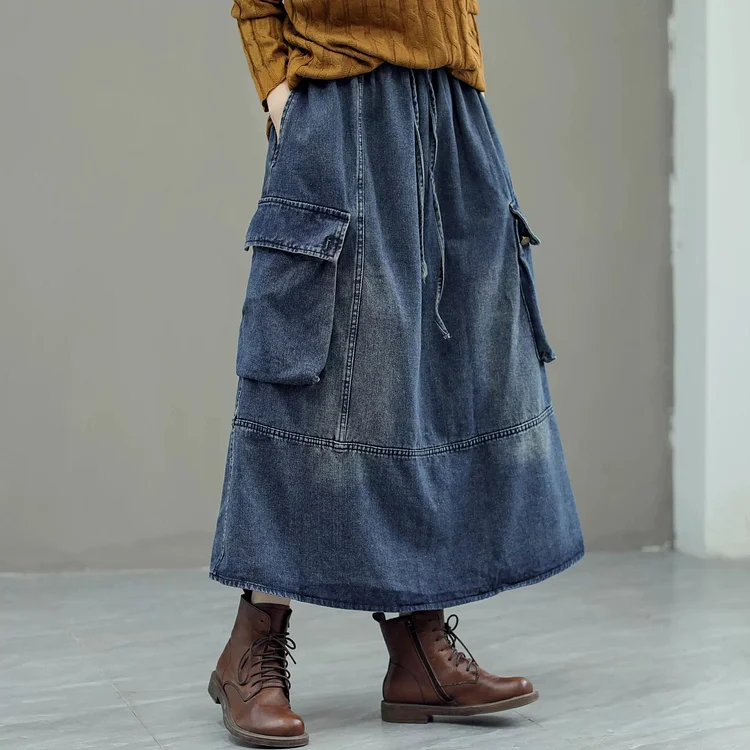 Autumn Retro Loose Patchwork Denim Skirt