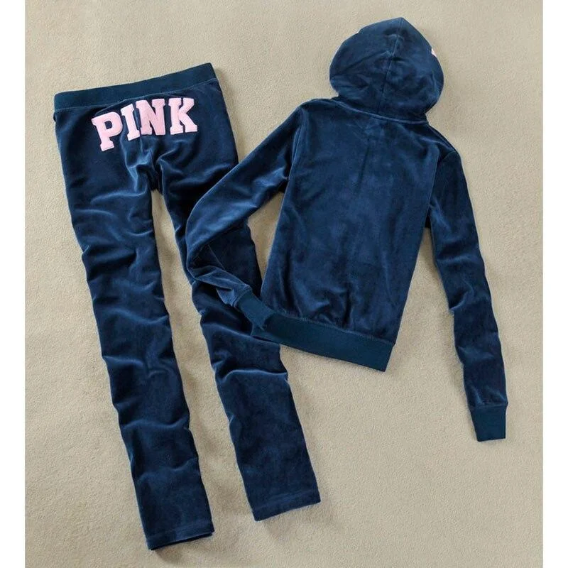 Spring / Fall 2021 PINK Women's Brand Velvet Fabric Tracksuits Velour Suit Women Tracksuit Hoodies And Pants SIZE S - XL 1110-1