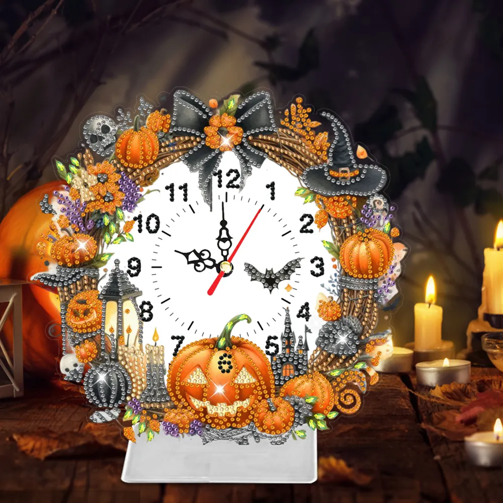 DIY Halloween Pumpkin Acrylic Special Shaped Diamond Painting Clock Desktop Decor