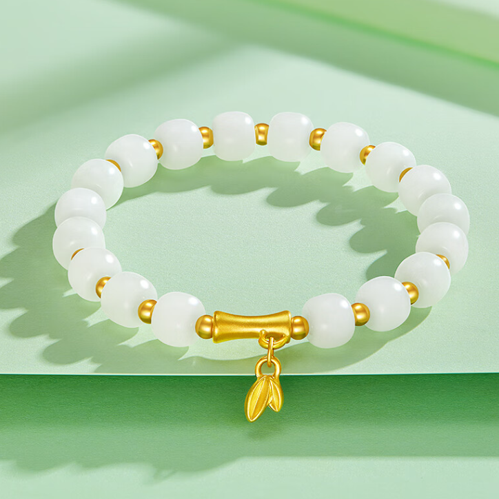 High Standard "Together in Bamboo" 999 Fine Gold Hetian Jade Bamboo Bracelet - Elegant Gift for Women