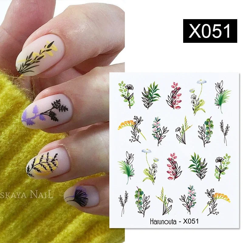 Harunouta Simple Green Flowers Leaves Tree Water Decals Spring Summer Theme Floral Transfer Stickers Slider Nail Art Decoration