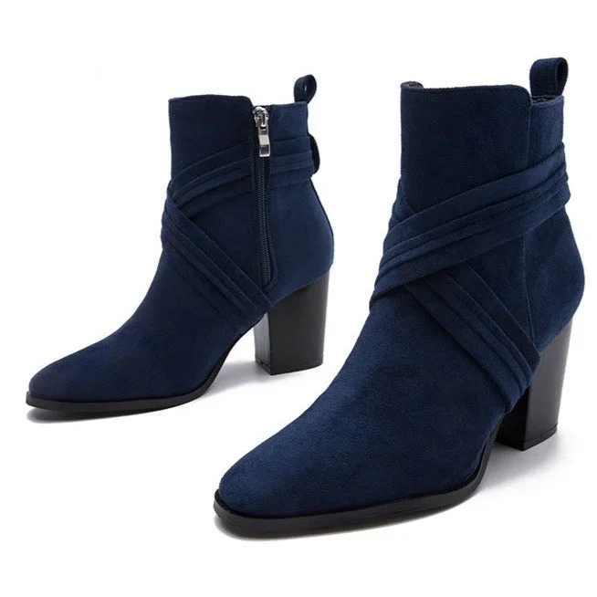 Faux suede riss strap block heels ankle boots for women Side zipper slip on booties