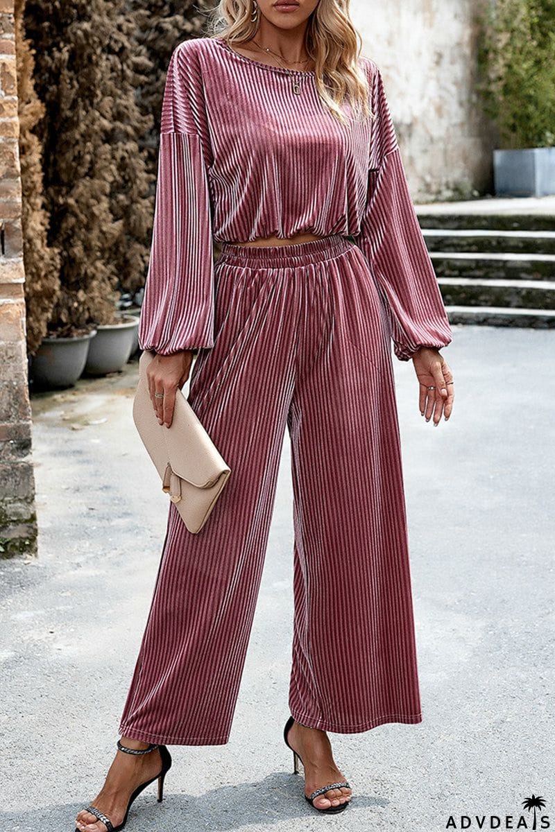 Elegant Solid Pocket O Neck Long Sleeve Two Pieces