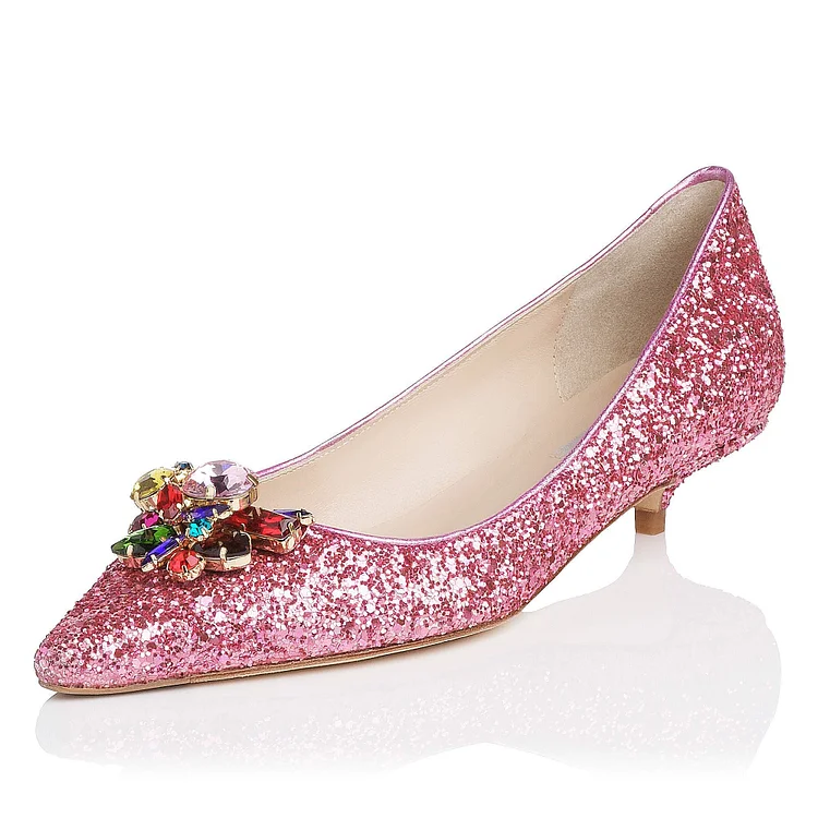 Women's Pink Kitten Heels Pointy Toe Glitter Shoes for Party |FSJ Shoes