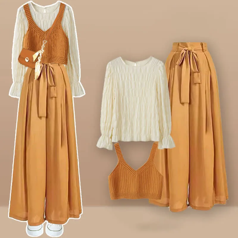 Pure Color V-neck Knit Vest Shirt Lace Up Wide Leg Pants