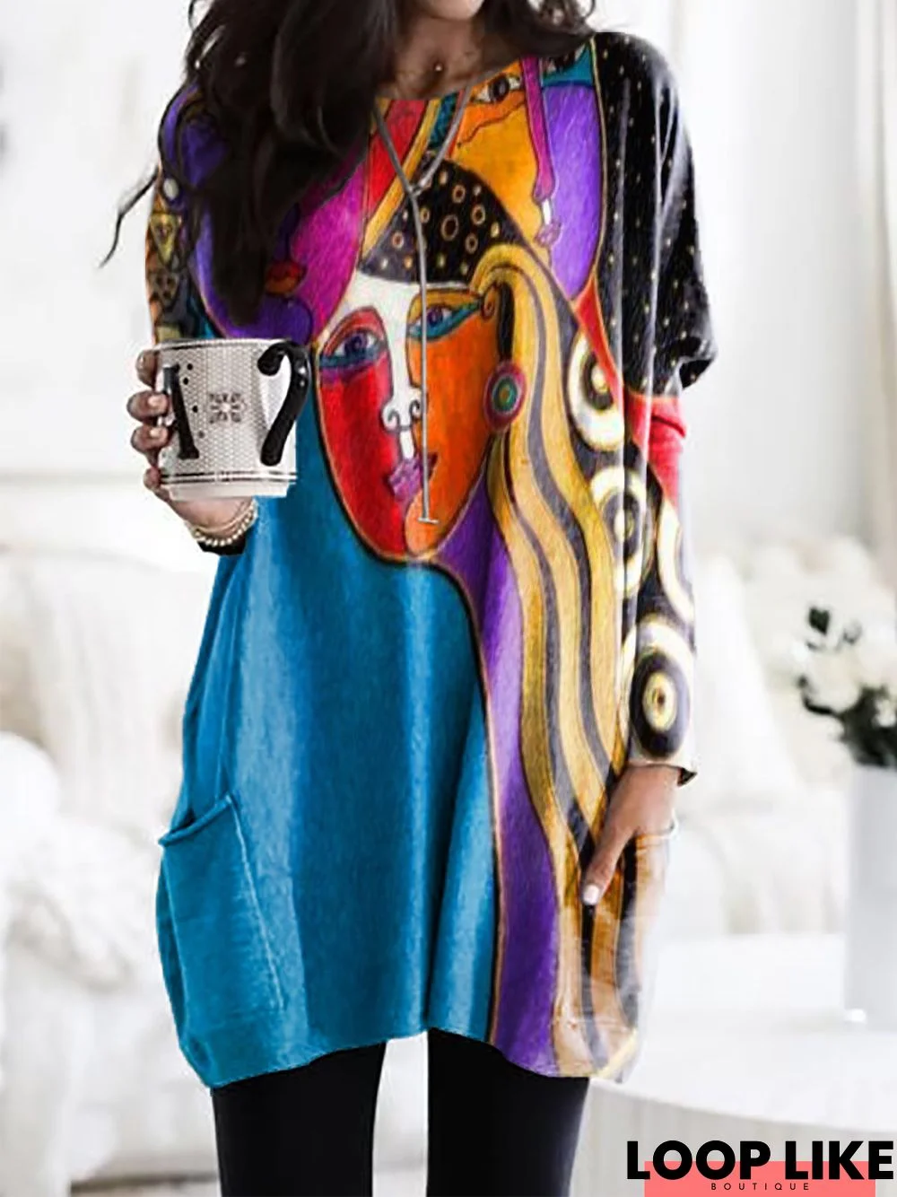 Long Sleeve Abstract Cotton-Blend Knitting Dress