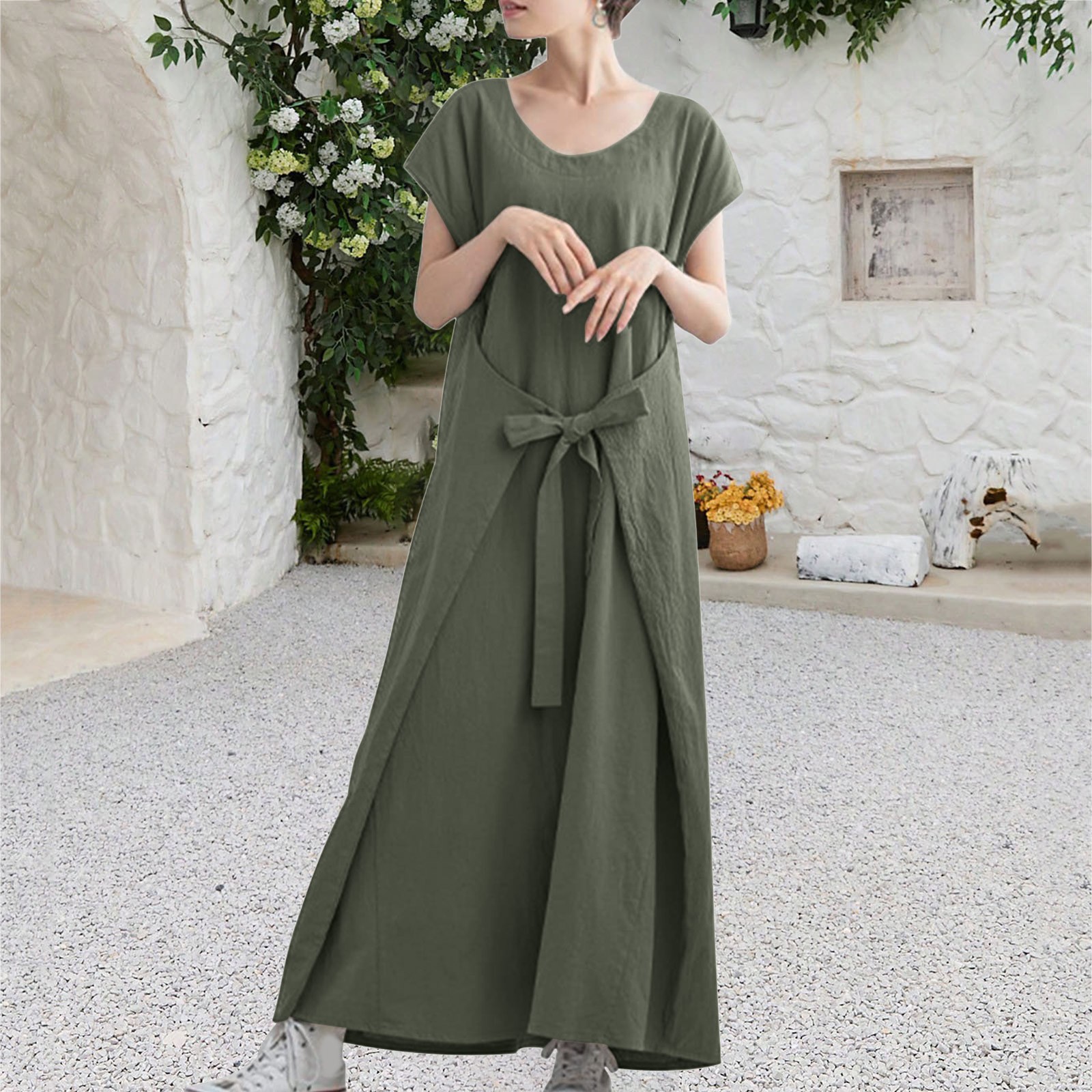 Womens Dresses For Teens Plus Size Slim Round Neck Short Sleeves Plain Long Dress Women Clothing Vestidos Para Mujer