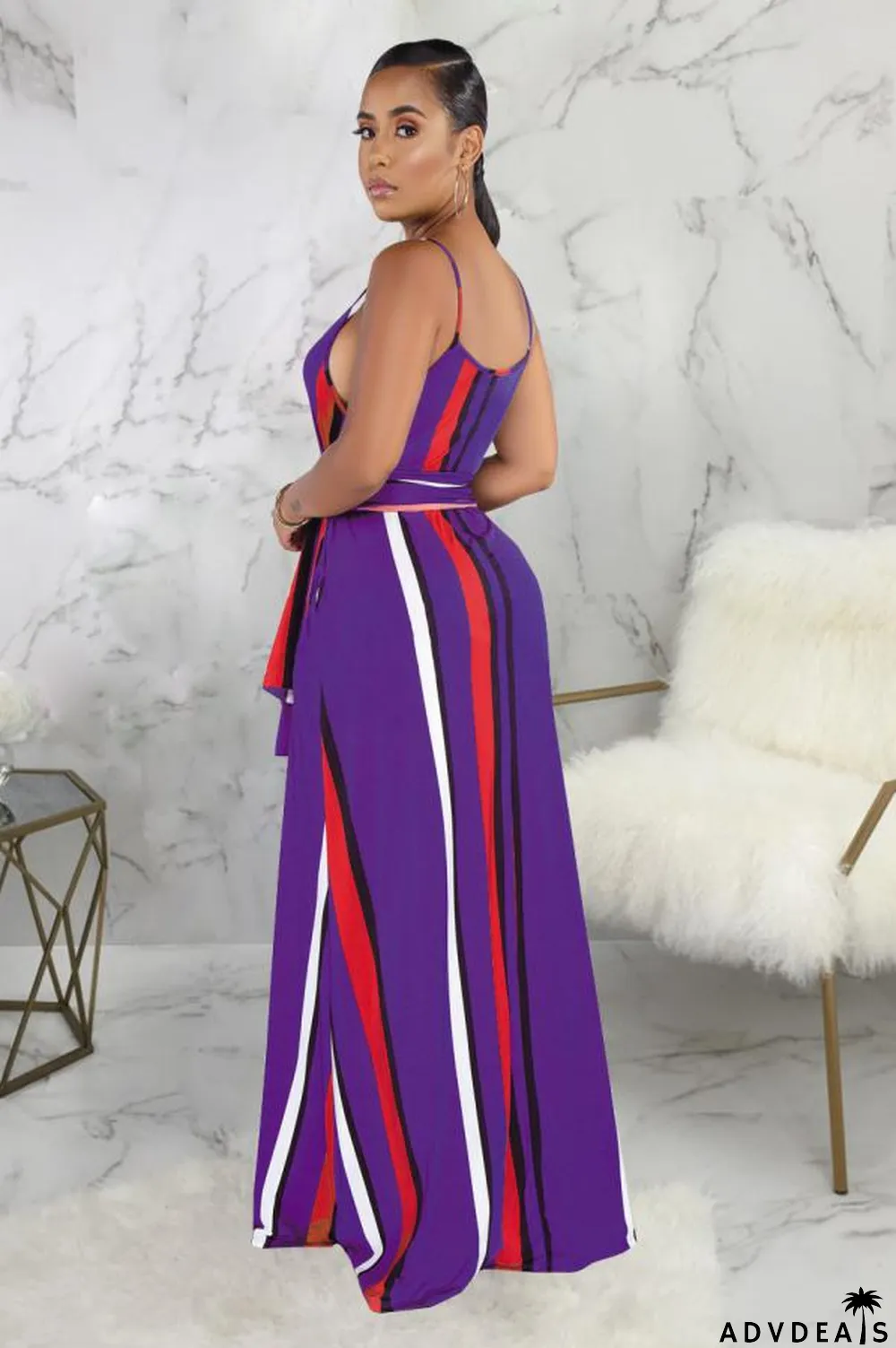 purple Polyester Fashion Sexy Spaghetti Strap Sleeveless Slip A-Line Floor-Length Print asymmetrical Stripe