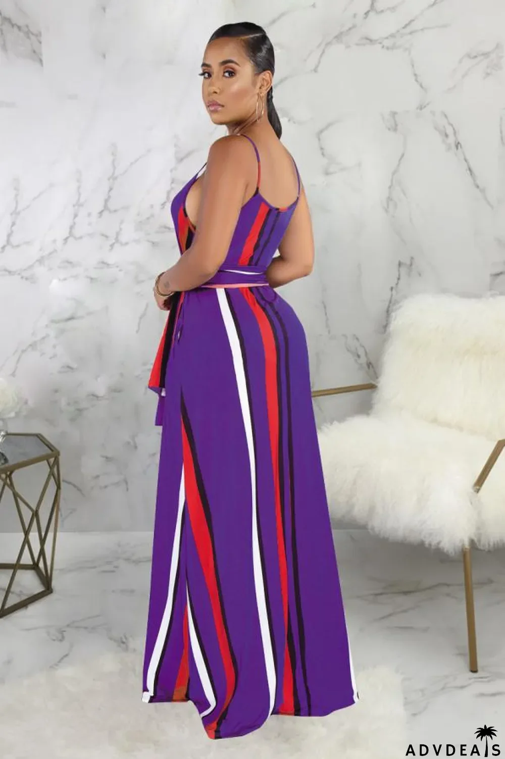 purple Polyester Fashion Sexy Spaghetti Strap Sleeveless Slip A-Line Floor-Length Print asymmetrical Stripe