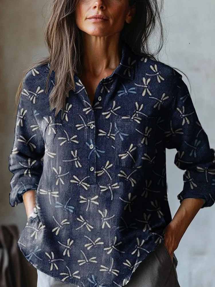 Women's Vintage Blue dragonfly Art Print Casual Cotton And Linen Shirt