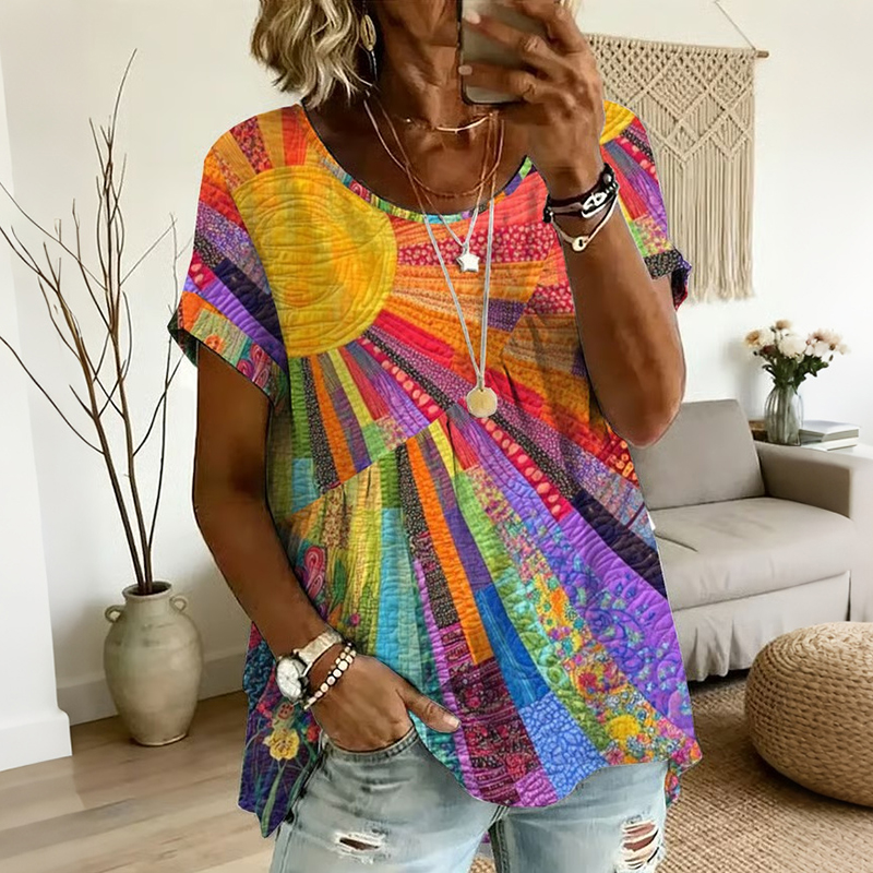 Comstylish Women's Casual Color Block Print Short-sleeved Top