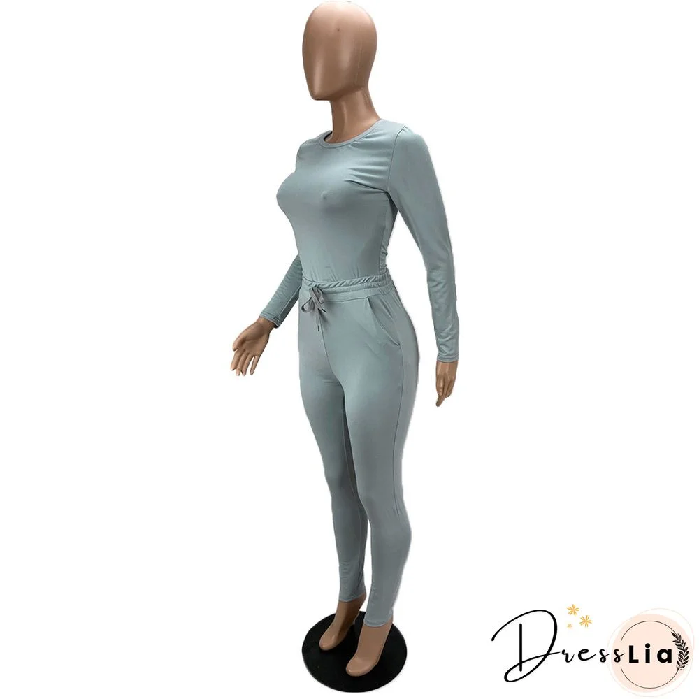 Solid Long Sleeve T Shirt Lace Up Pants Set