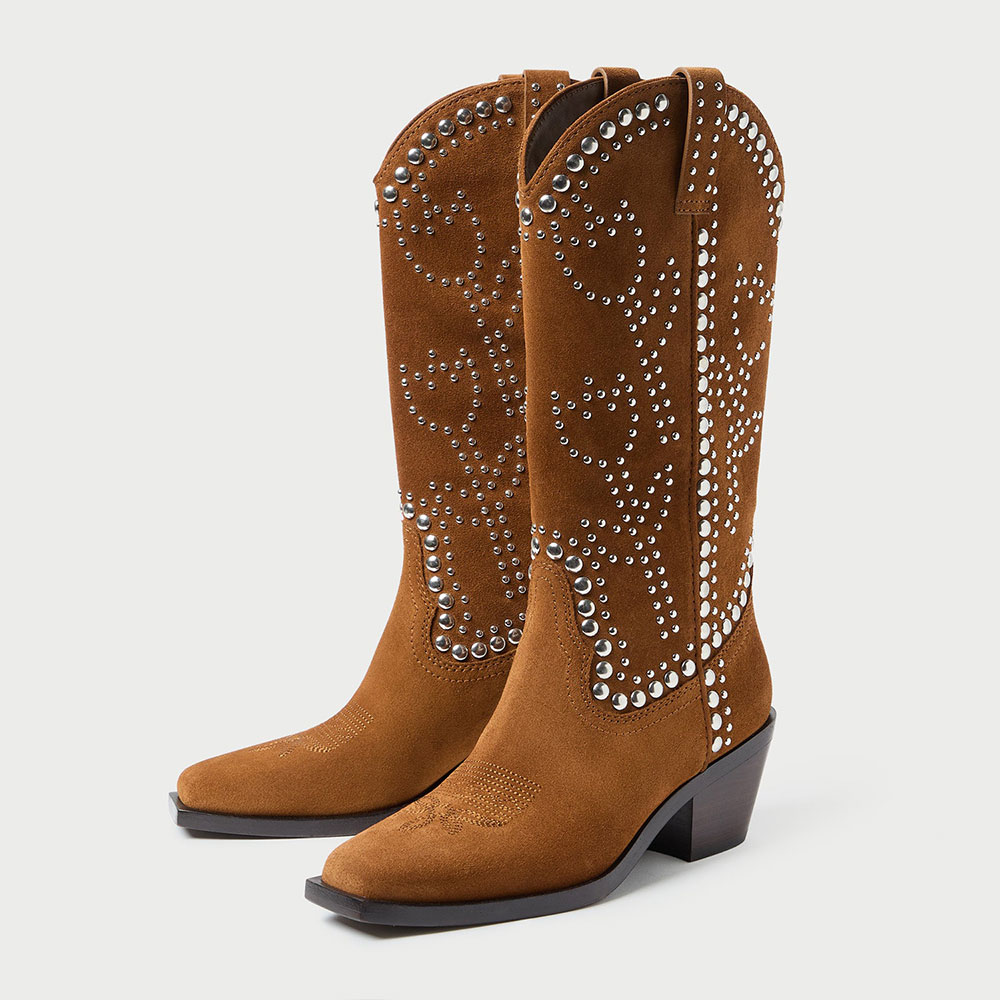 Brown Square Toe Chunky Heel Wide Calf Knee High Cowgirl Boots Nicepairs