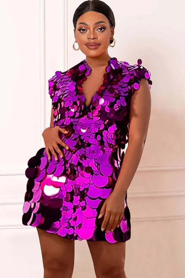 Plus Size Purple Party Sleeveless Mirror Sequin Mock Neck Mini Dresses