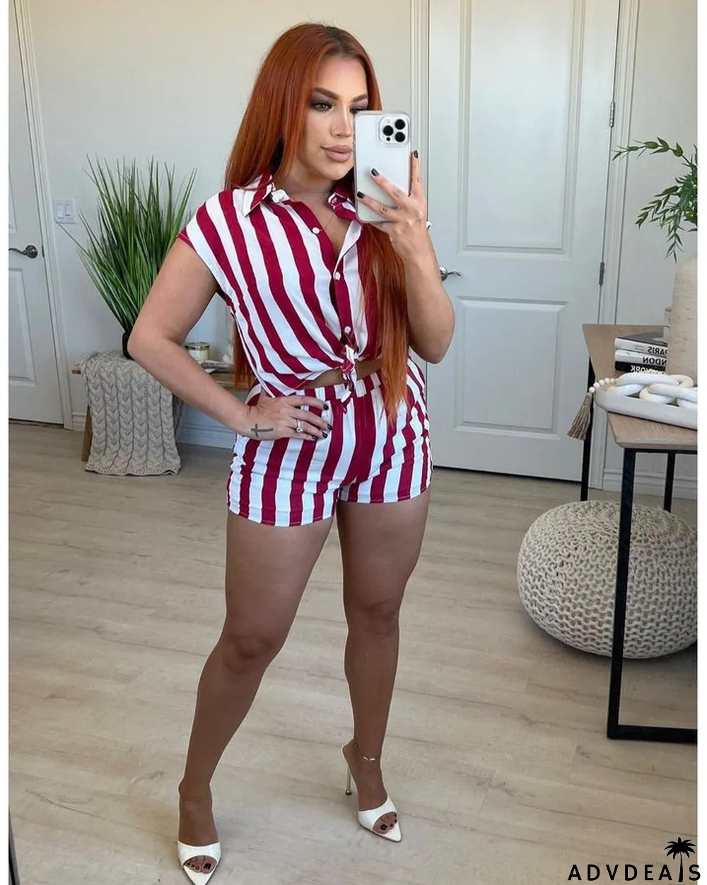 Ladies Spring Autumn Fashionable Casual Stripe Print Shirt Shorts Two Piece Set