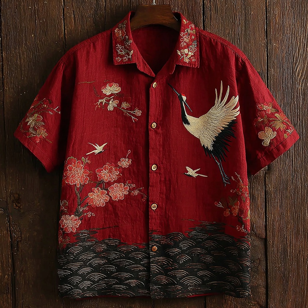 Men's Vintage Ripple Pattern And Crane Art Print Linen Shirt  artssus
