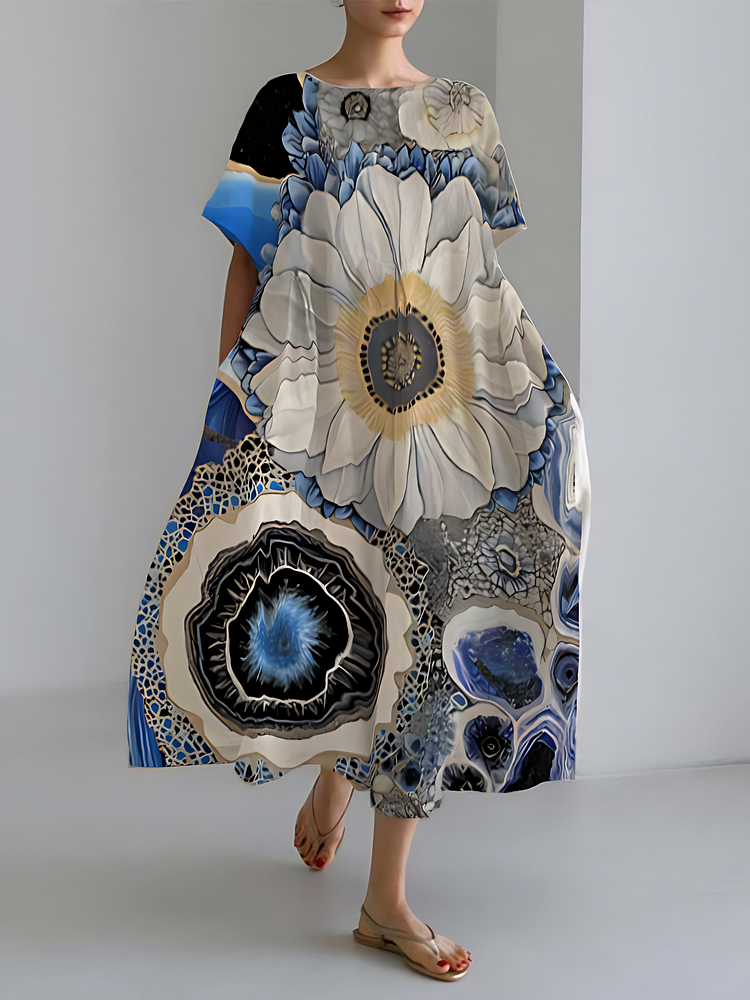 Abstract Art Pattern Vintage Short Sleeve Loose Midi Dresses