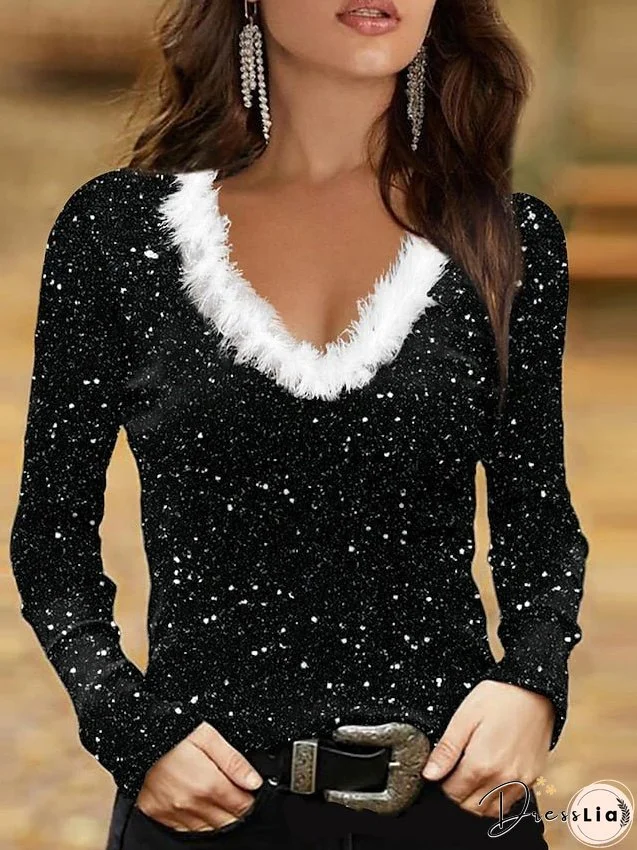 Shirt Blouse Black Graphic Print Long Sleeve Weekend Casual V Neck Regular S for Women