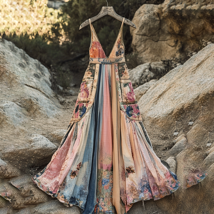 Vintage Bohemian Floral Patch Art Cami Maxi Dress